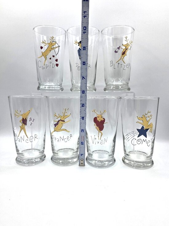 POTTERY BARN Retired Christmas Reindeer Tumbler Glasses Set of 7 Discontinued - Picture 2 of 9
